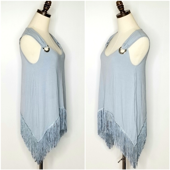 VENUS Blue Gray Fringe Hem Sleeveless Flowy Soft Spring Ringged Strap Medium Top - Picture 2 of 7